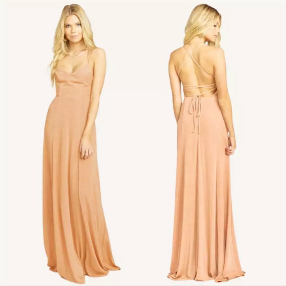 Show Me Your Mumu Godshaw Goddes peach pink infinity dress